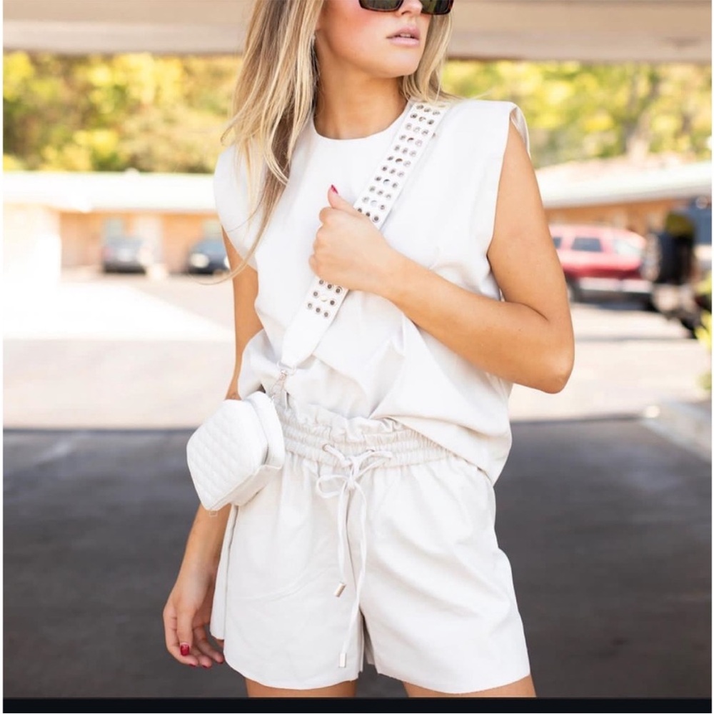Stylish Faux Leather White Sleeveless Top and Shorts Set
